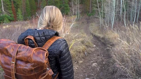Female Backpacker Walking Forest Trail Stock Footage 151807941