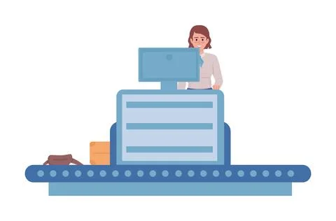 Female baggage and cargo handler in airport semi flat color vector character Stock Illustration