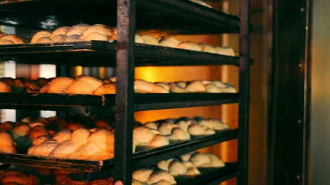 Female Baker taking movable Rack with freshly baked Braided Bread out of Oven Stock Footage 247837677