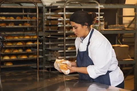 Female baker in white jacket breaking loaf at steel table with racks, inspecting Stock Photos