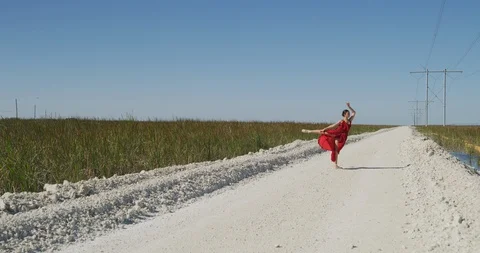 Female ballet dancer performing her routine on a country road Stock Footage 107680850