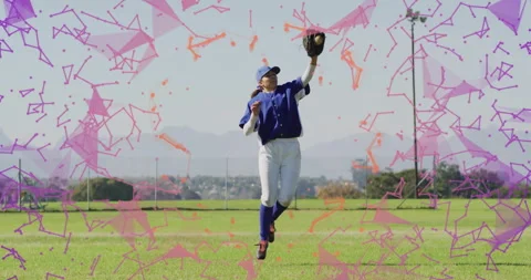 Female baseball player leaping to catch ball on field, mesh patterns visualizing 스톡 동영상 307442499