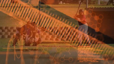 Female batter and catcher, code appearing and hexagon patterns pulsing showing Stock Footage 316352906