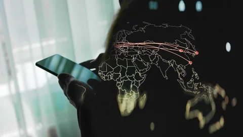 Female in black suit using a smartphone. Double exposition with live map of Stock Footage 279662096