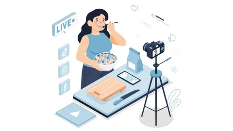 A female blogger eats in her kitchen and livestreams on social media  Stock Footage 322103308