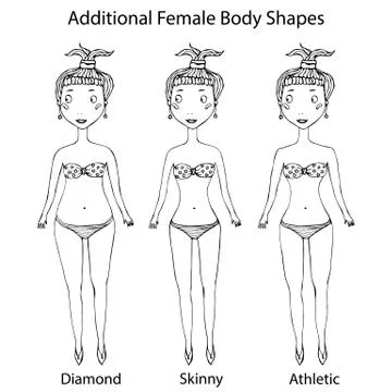Female Body Shape Types. Diamond, Skinny, Athletic Girl. Realistic Hand Drawn Stock Illustration