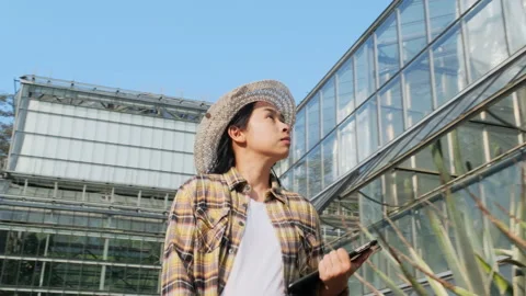 Female botanist uses a tablet computer to work in a botanical garden center. Stock Footage 174037228
