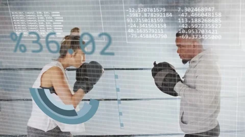 Female boxer stepping and punching jabs at coach, GUI collecting data and Stock Footage 333975366
