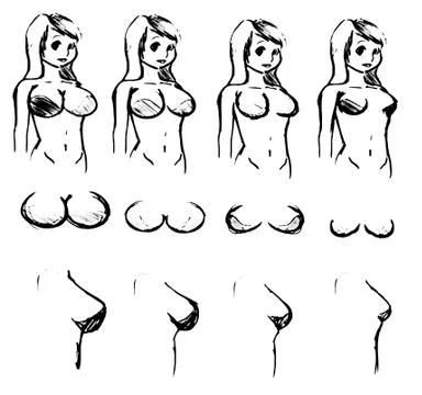 Female breast drawing tutorial. Drawing a woman's body with an emphasis on br Illustrazione stock