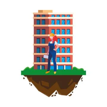 Female builder construction with building Ilustración de archivo