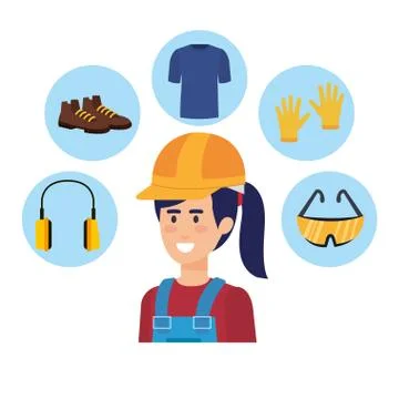 Female builder constructor with security equipment Illustrazione stock