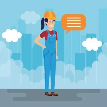 Female builder constructor talking in the city Illustrazione stock