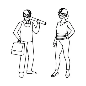Female builder constructor worker with architect boss Ilustración de archivo