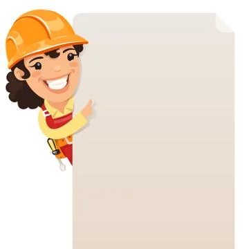 Female builder looking at blank poster Stock Illustration