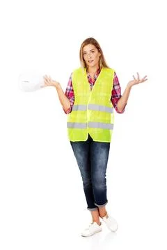 Female builder makind do not know sign Female builder makind do not know s... Stock Photos
