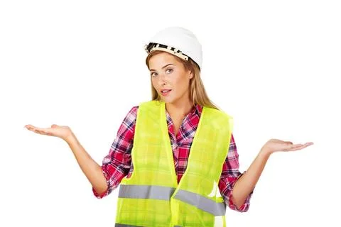 Female builder making do not know sign Female builder making do not know s... Stock Photos
