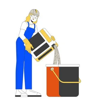 Female builder pouring plaster into construction bucket 2D cartoon character Stock Illustration