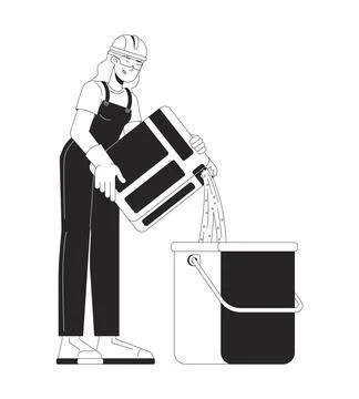 Female builder pouring plaster into construction bucket 2D line character Stock Illustration