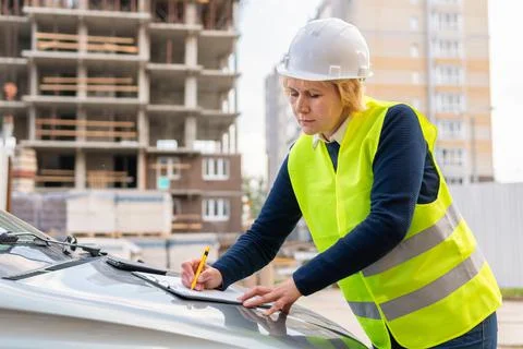 A female builder worker at a construction site works and controls the process. Stock Photos