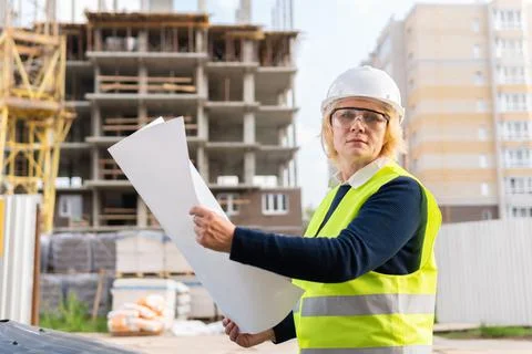 A female builder worker at a construction site works and controls the process. Stock Photos
