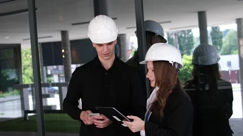 Female carpenter apprentice with her colleague. Guy and girl at a construction Stock Footage 281735136