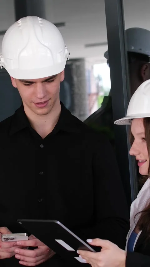 Female carpenter apprentice with her colleague. Guy and girl at a construction Stock Footage 281736472