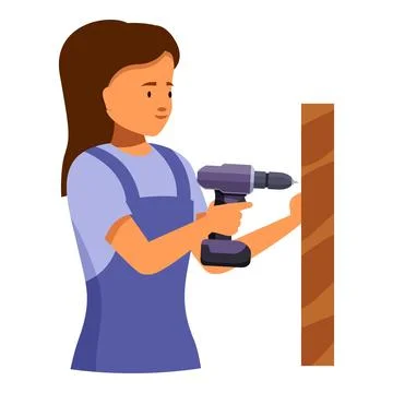 Female carpenter using cordless drill on wood plank Stock Illustration