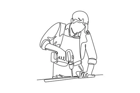 Female carpenter using drill machine on wood Illustrazione stock
