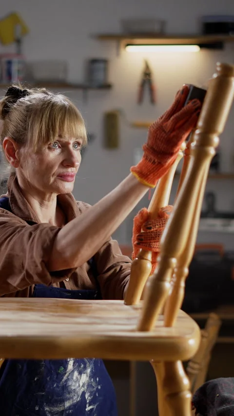 Female Carpenter Using Sander sponge to Stock Video Pond5