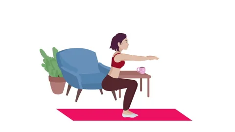 Female cartoon character doing exercise on mat in the house. Stock Footage 276842610