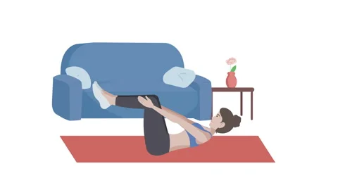 Female cartoon character doing exercise on mat in the house. Stock Footage 276842647