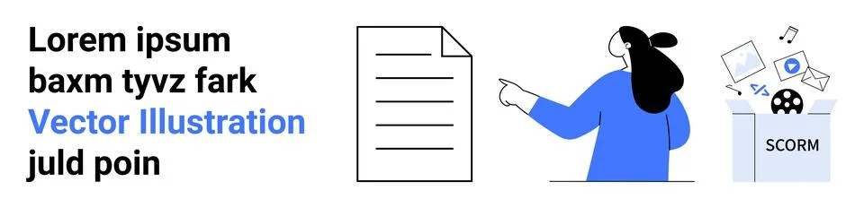 Female character in blue pointing at a document with a handwritten text on th Stock Illustration