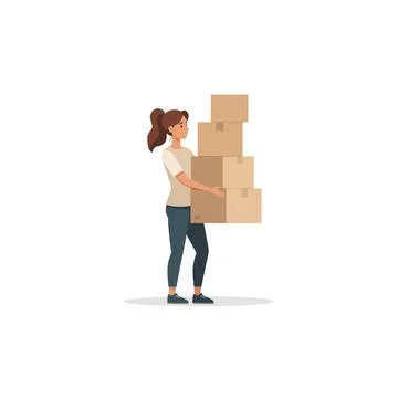 Female character carrying tall stack cardboard packages for moving home or .. Stock Illustration