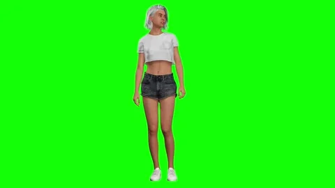 Female character centered confident pose on green screen chromakey Stock Footage 328636661