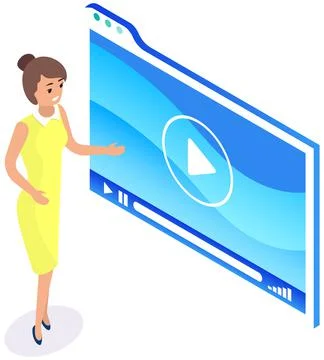 Female character during presentation explaining video on screen. Woman working Stock Illustration
