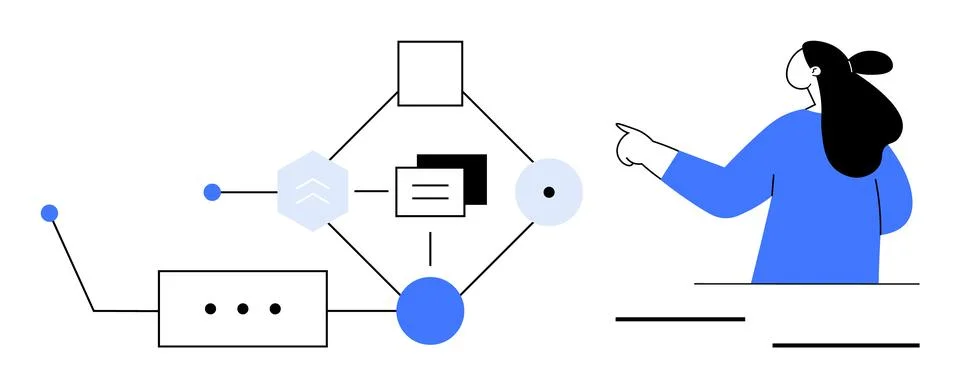 Female Character Explaining Flowchart with Geometric Diagram Stock Illustration