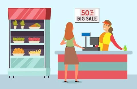 Female character in the grocery store. Supermarket sales and discounts. Woman Stock Illustration
