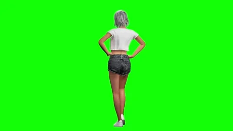 Female character hands on hips back stance on green screen chromakey Stock Footage 328637144