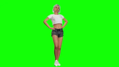 Female character hands on hips pose on green screen chromakey background Stock Footage 328636659