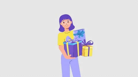 Female character holds present boxes. Gift give away, Mobile Marketing, prizes Stock Footage 219864589