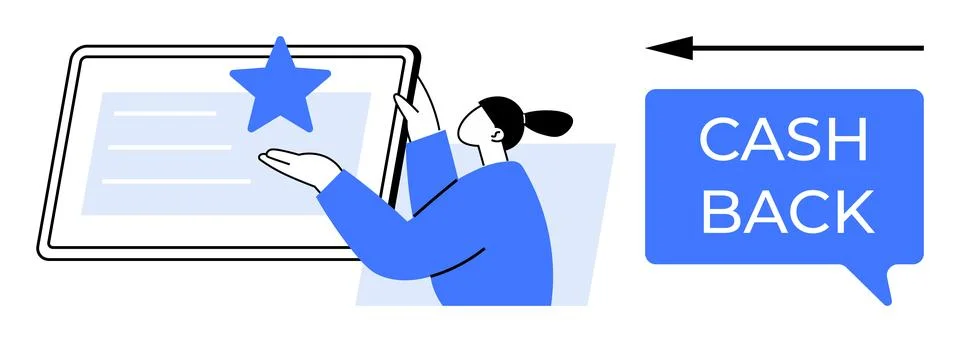 Female character interacting with a tablet displaying a star, alongside a s.. Stock Illustration
