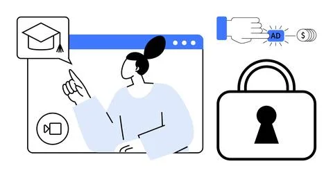 Female character pointing in browser window with graduation cap, hand clickin Stock Illustration