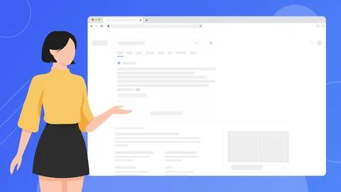 Female character presenting web browser mockup Stock Illustration