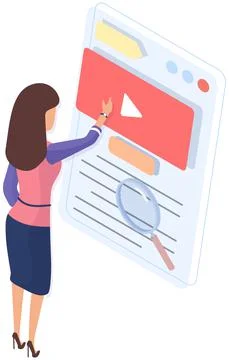 Female character presses button on screen. Woman turning on video player on 스톡 일러스트
