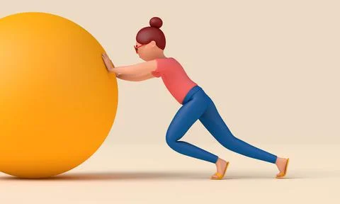 Female character pushing a large ball. Business challenges concept. 3D Rendering Stock Illustration