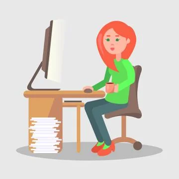 Female Character Sit at Table with Computer Vector 스톡 일러스트