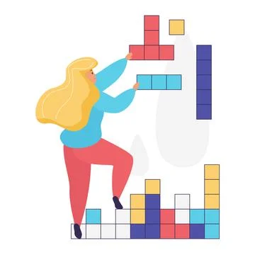 Female character thinking and solving puzzle, focus on business problem Stock Illustration