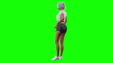 Female character turning back pose on green screen chromakey background Stock Footage 328636706