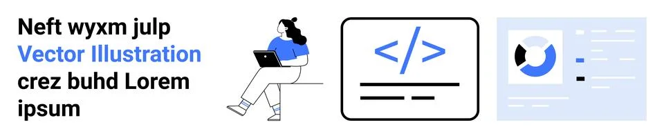 Female character using a laptop, coding symbol with HTML tags, and a screen w Stock Illustration