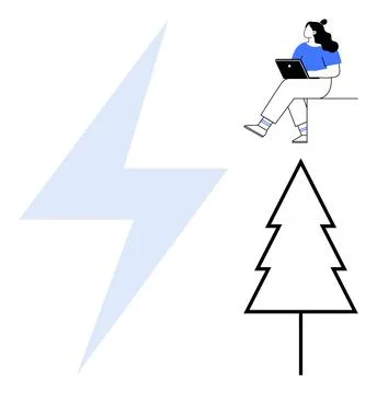 Female character using laptop, large blue lightning bolt, simple tree outline Stock Illustration